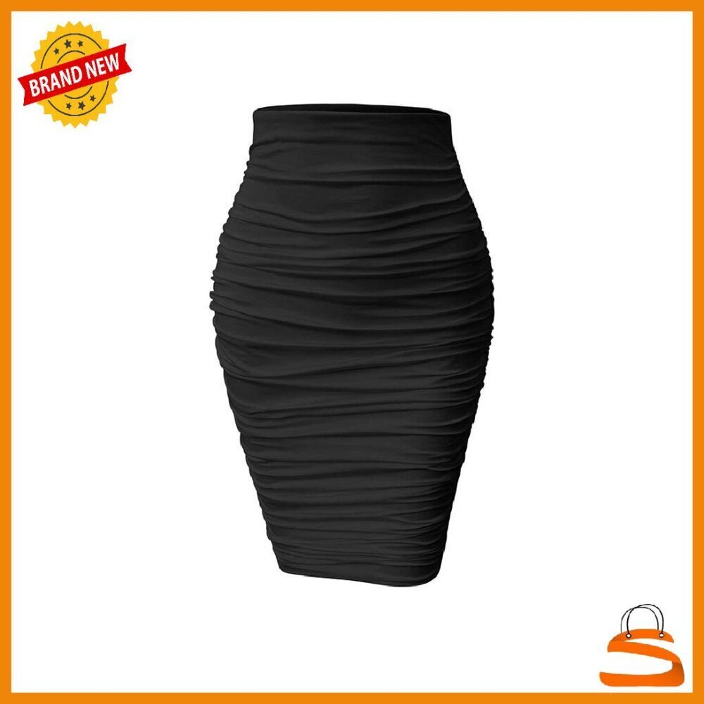 Sexy Ruched Bodycon Pencil Skirt, High Waist, Elastic, Knee Length
